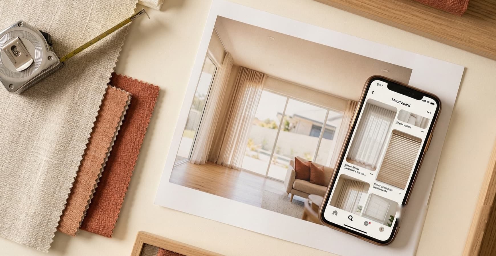 Designer workspace with fabric swatches and window treatment planning