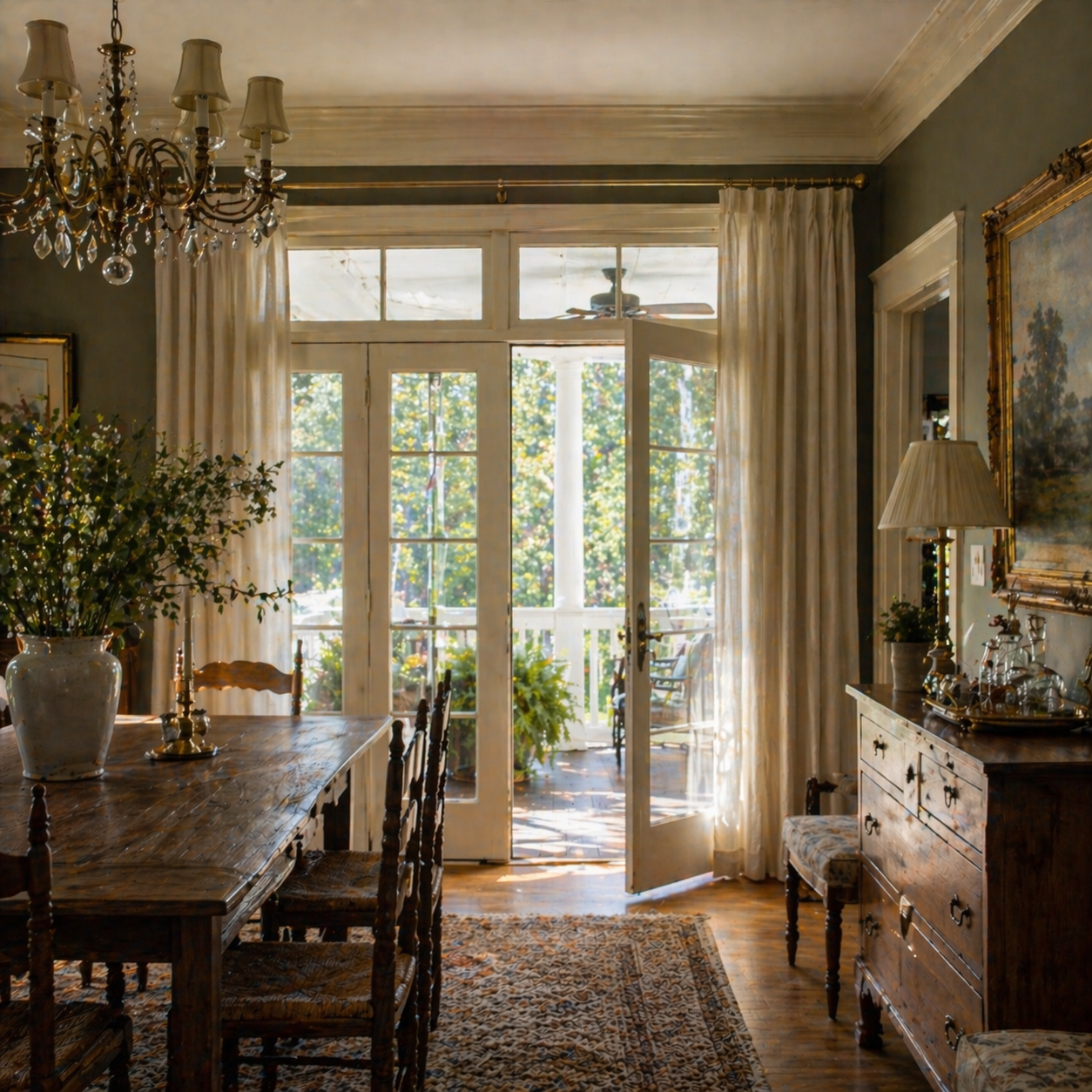 AI render: Transitional dining room with linen drapery