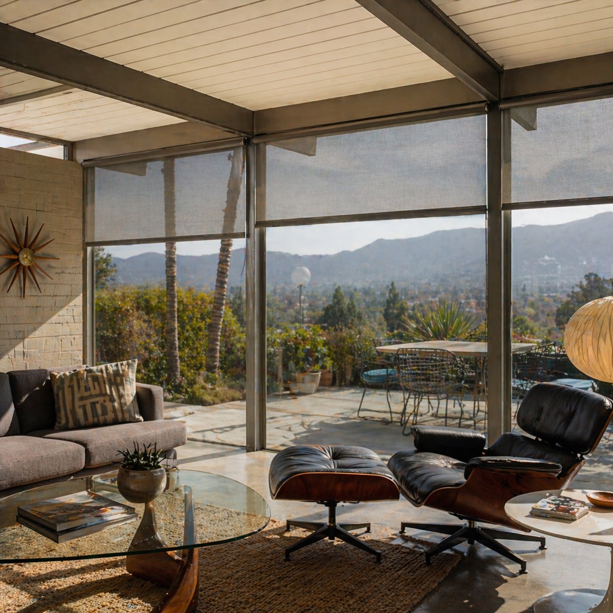 AI render: Eichler living room with solar shades