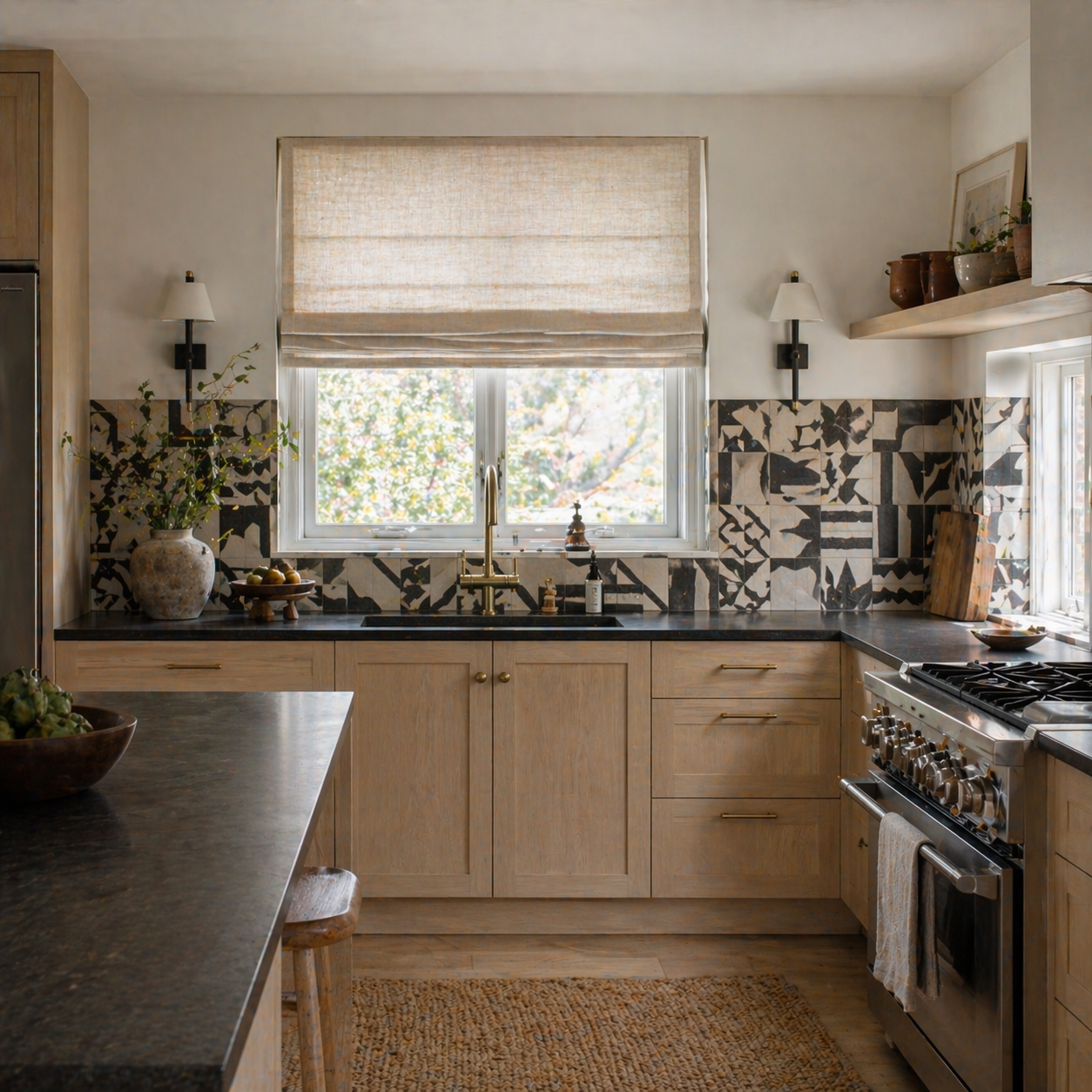 AI render: Kitchen with relaxed linen Roman shade