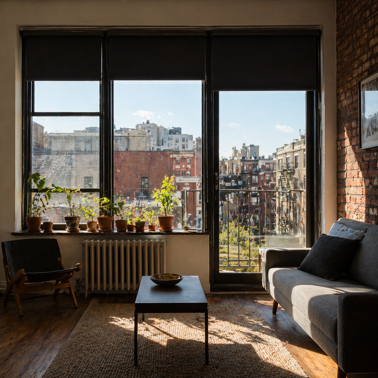 AI render: Brooklyn loft living room with blackout roller shades