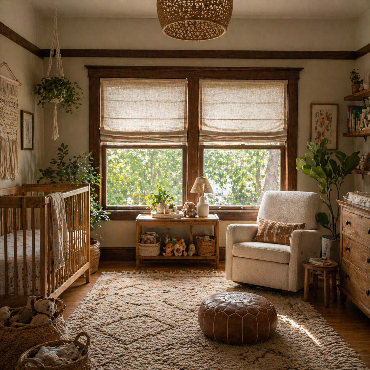 AI render: Nursery with Roman shades and linen drapes