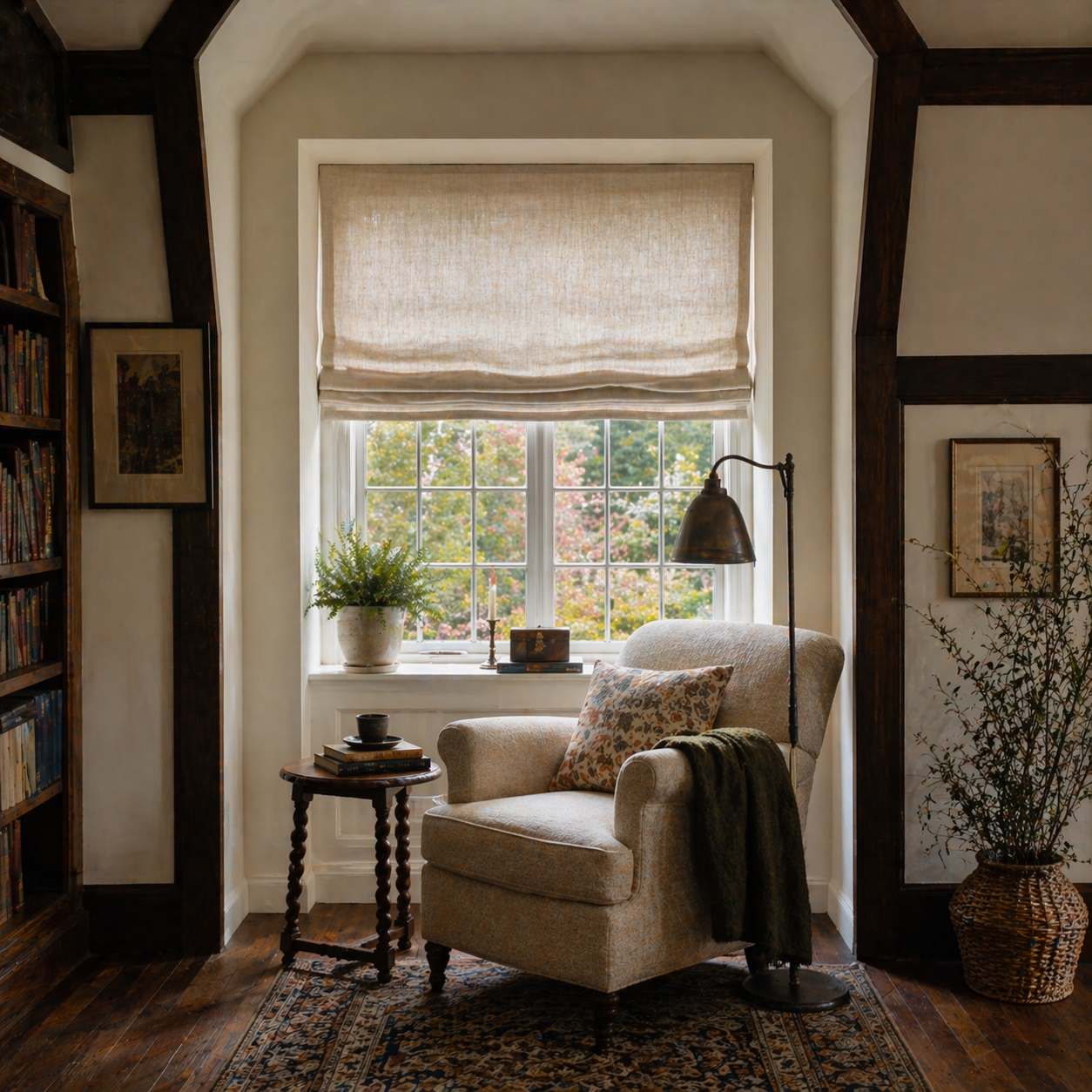 AI render: Reading nook with linen Roman shade