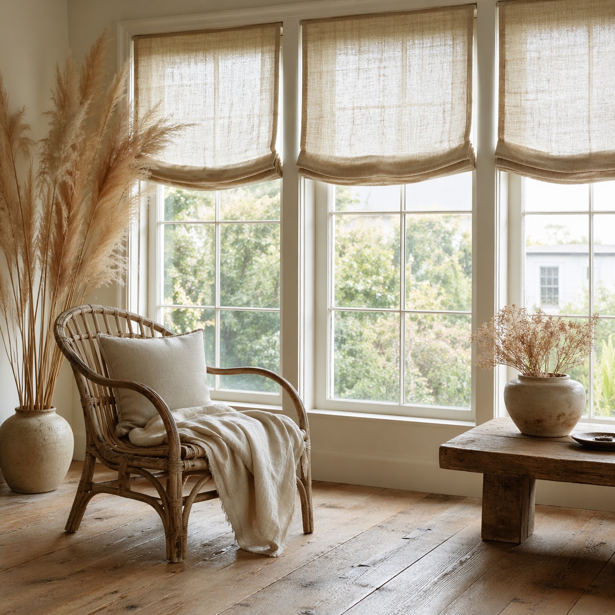 AI render: Sunroom with white Roman shades